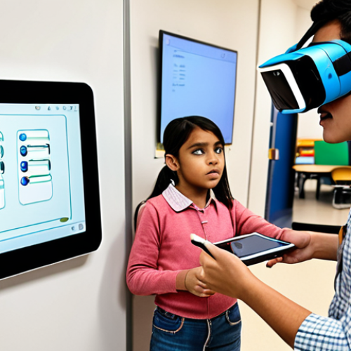 Home 4 **
A personalized learning environment in a smart classroom. Students are interacting with an interactive whiteboard and VR headsets. A teacher is using an AI assistant on a tablet to monitor student progress and automate grading. Focus on the blend of traditional and AI-powered education.
**