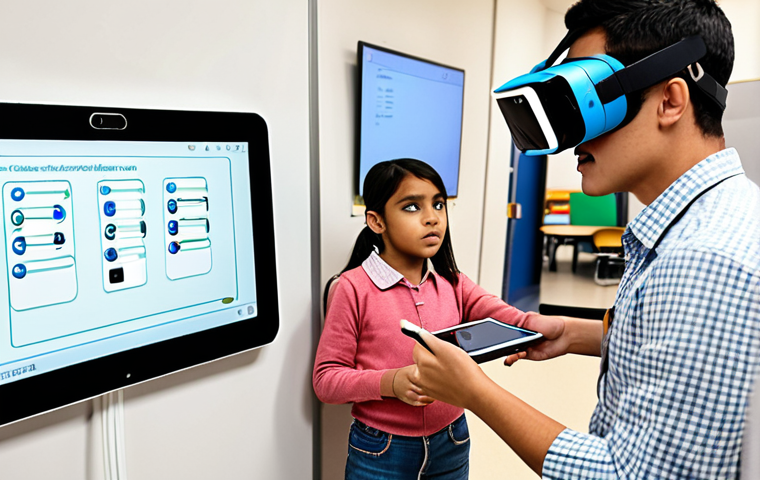 **
A personalized learning environment in a smart classroom. Students are interacting with an interactive whiteboard and VR headsets. A teacher is using an AI assistant on a tablet to monitor student progress and automate grading. Focus on the blend of traditional and AI-powered education.
**