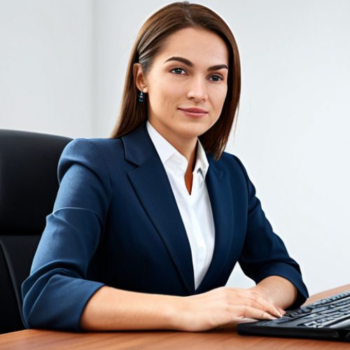 ** A professional businesswoman in a modest business suit, sitting at a desk in a modern office, fully clothed, appropriate attire, safe for work, perfect anatomy, natural proportions, professional photography, high quality.

**
