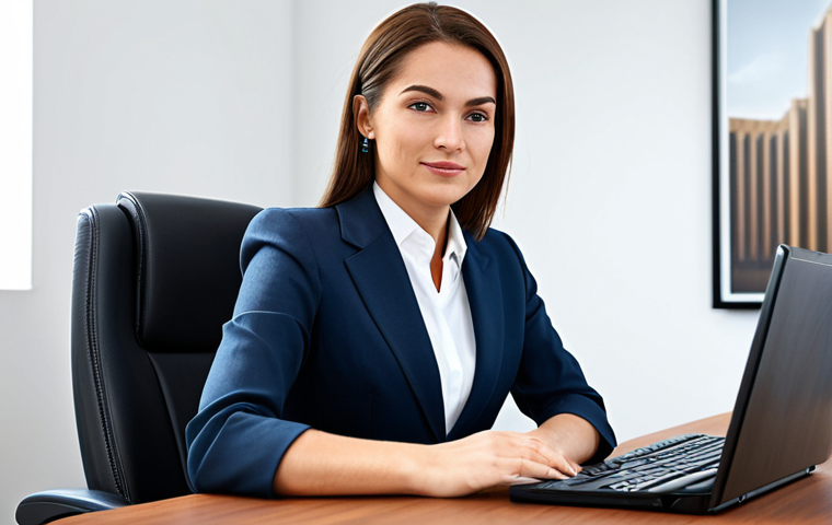 ** A professional businesswoman in a modest business suit, sitting at a desk in a modern office, fully clothed, appropriate attire, safe for work, perfect anatomy, natural proportions, professional photography, high quality.

**