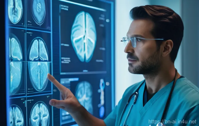 AI 기반 이미지 인식 기술 비교 - **AI-Assisted Medical Diagnosis:**
A highly detailed, cinematic shot inside a futuristic, clean ...