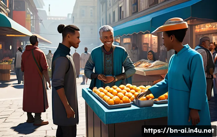 AI와 게임 AI의 발전 방향 - **Prompt:** A bustling, vibrant futuristic city square, rendered in a detailed, semi-realistic game ...