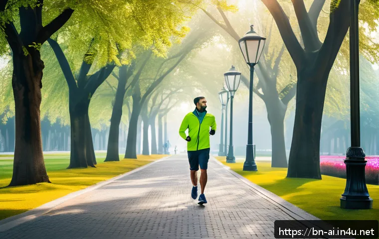 AI 기반 동작 인식 기술 - A modern urban park scene at dawn featuring a middle-aged Bengali man wearing light sportswear and a...