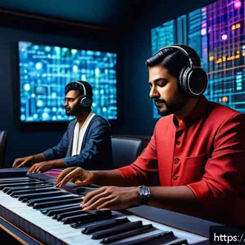 Home 17 AI 기반 음악 생성 툴의 작동 원리 - A futuristic music studio scene featuring a diverse group of Bengali musicians collaborating with AI...