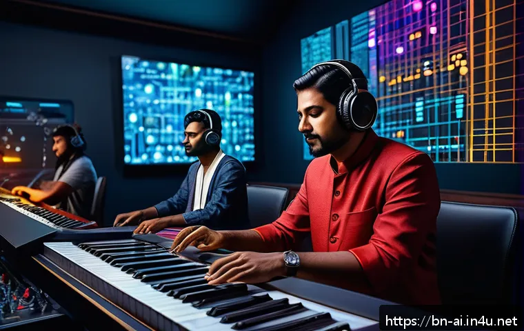 AI 기반 음악 생성 툴의 작동 원리 - A futuristic music studio scene featuring a diverse group of Bengali musicians collaborating with AI...